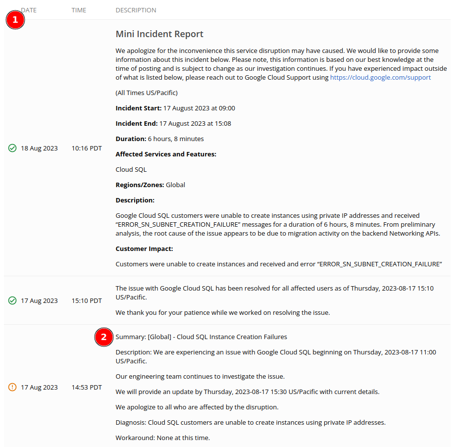 Screenshot of Google Cloud Status incident report